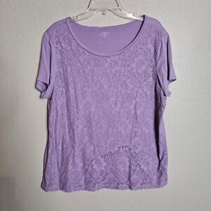 Loft Womens Purple Floral Lace Front Short Sleeve T-Shirt XL Scoop Neck
